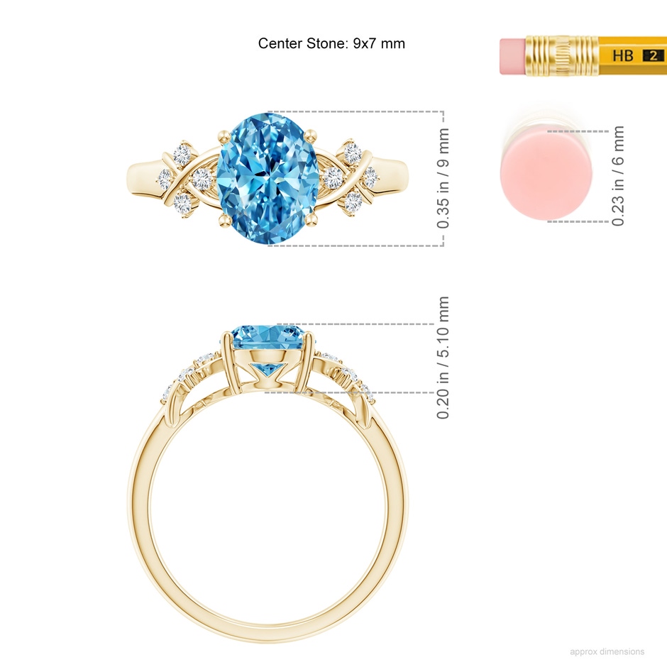 9x7mm AAAA Solitaire Oval Fancy Intense Blue Diamond Criss Cross Ring in Yellow Gold ruler