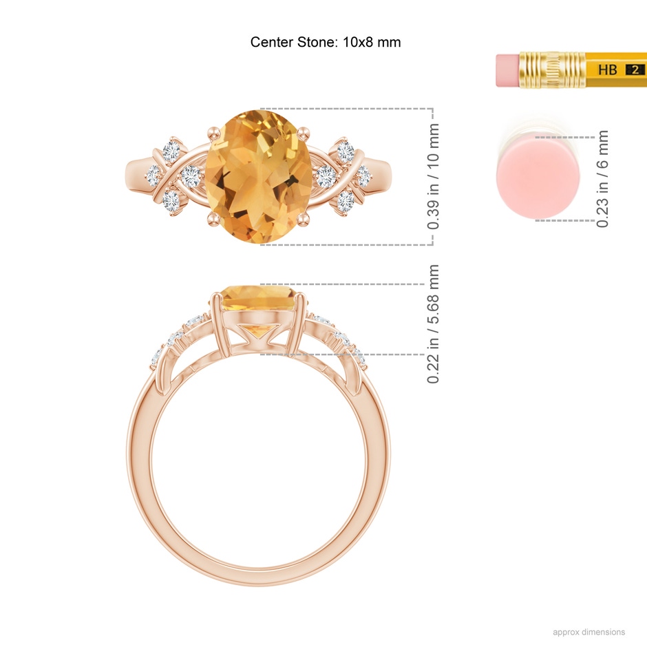 10x8mm A Solitaire Oval Citrine Criss Cross Ring with Diamonds in Rose Gold ruler