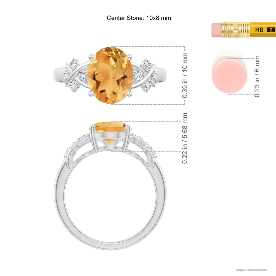 10x8mm A Solitaire Oval Citrine Criss Cross Ring with Diamonds in White Gold ruler