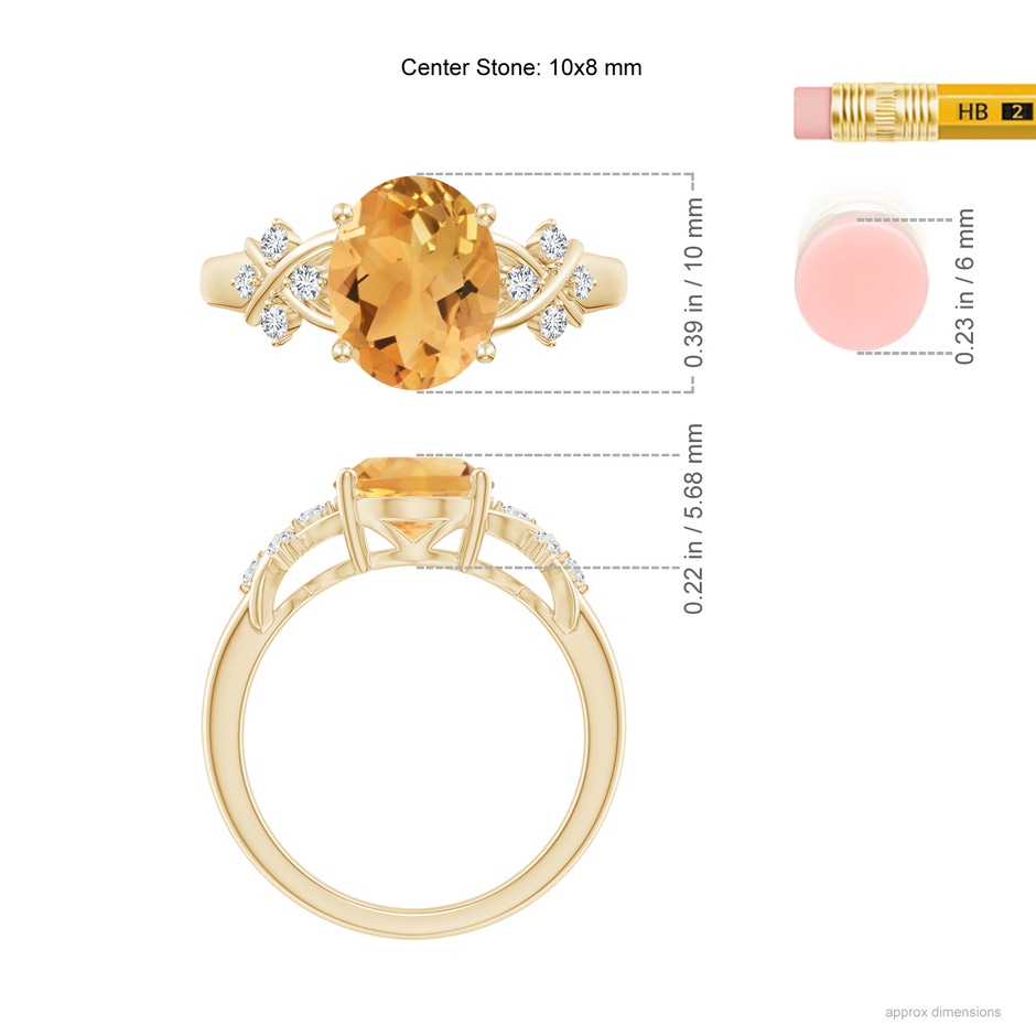10x8mm A Solitaire Oval Citrine Criss Cross Ring with Diamonds in Yellow Gold ruler