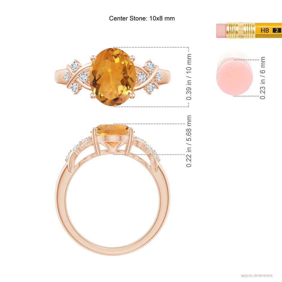10x8mm AA Solitaire Oval Citrine Criss Cross Ring with Diamonds in Rose Gold ruler