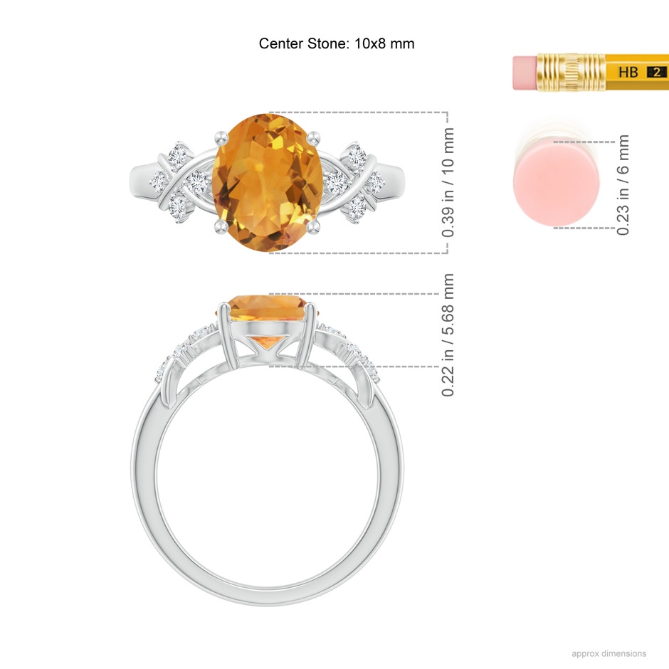 10x8mm AA Solitaire Oval Citrine Criss Cross Ring with Diamonds in White Gold ruler