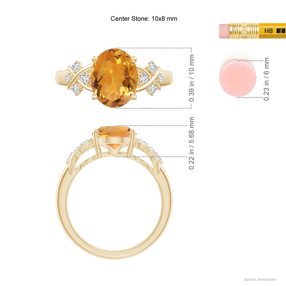 10x8mm AA Solitaire Oval Citrine Criss Cross Ring with Diamonds in Yellow Gold ruler