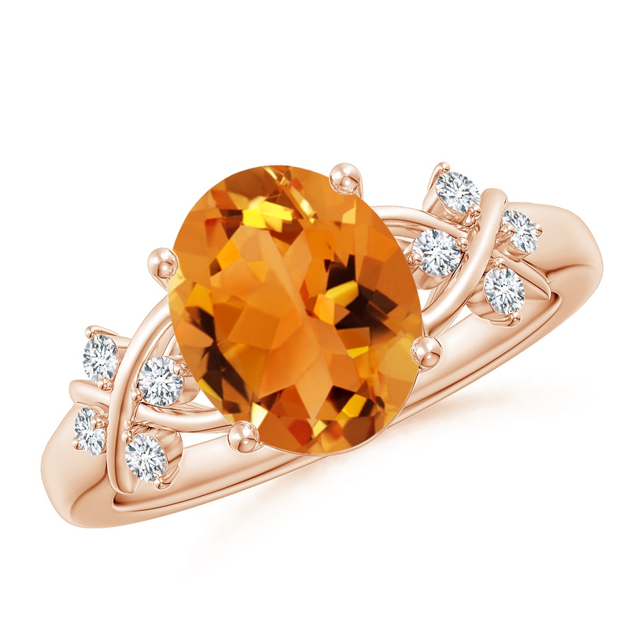 10x8mm AAA Solitaire Oval Citrine Criss Cross Ring with Diamonds in Rose Gold 