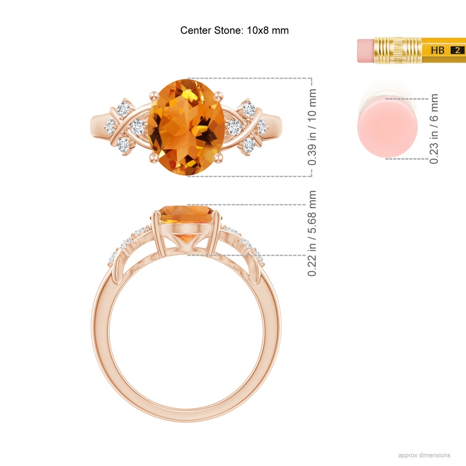 10x8mm AAA Solitaire Oval Citrine Criss Cross Ring with Diamonds in Rose Gold ruler