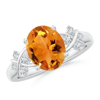 10x8mm AAA Solitaire Oval Citrine Criss Cross Ring with Diamonds in White Gold