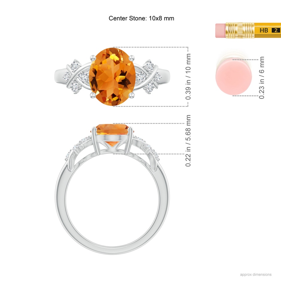 10x8mm AAA Solitaire Oval Citrine Criss Cross Ring with Diamonds in White Gold ruler