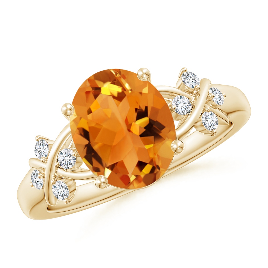 10x8mm AAA Solitaire Oval Citrine Criss Cross Ring with Diamonds in Yellow Gold 