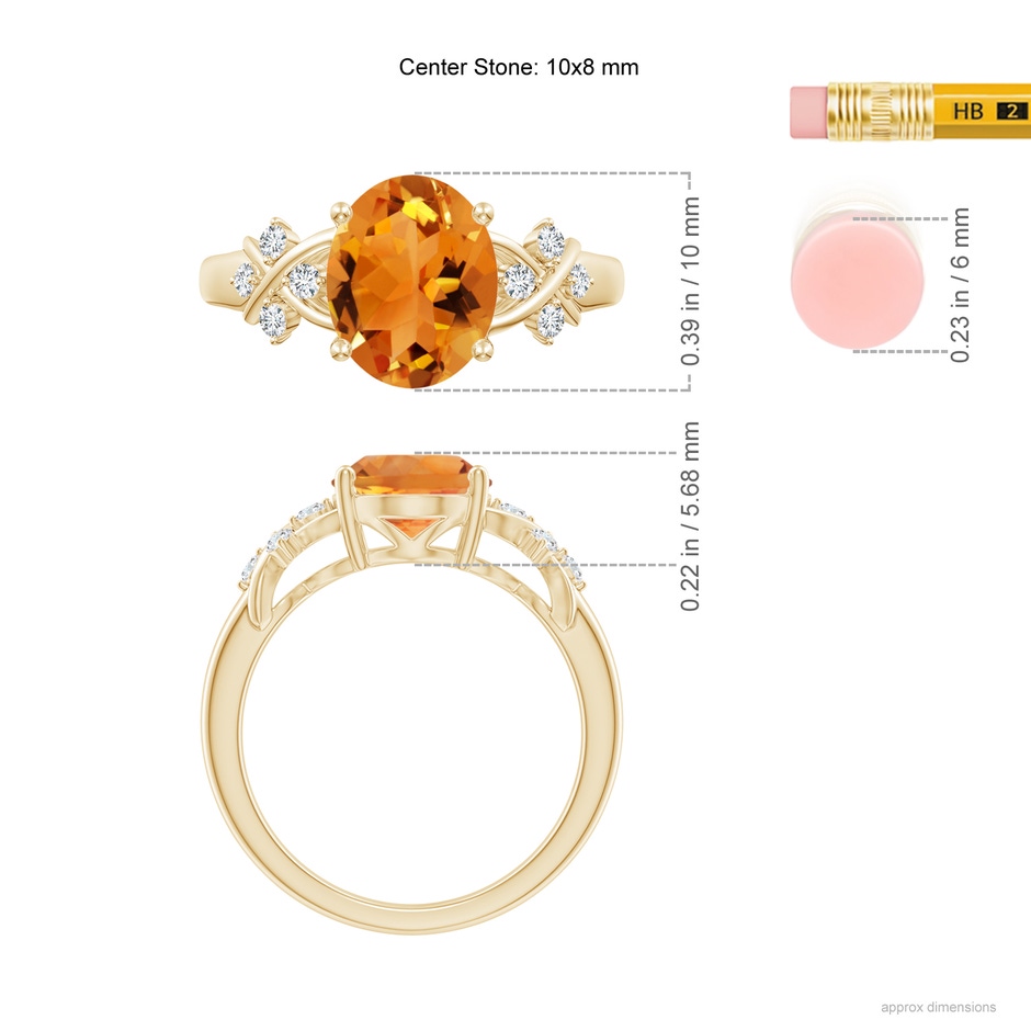 10x8mm AAA Solitaire Oval Citrine Criss Cross Ring with Diamonds in Yellow Gold ruler