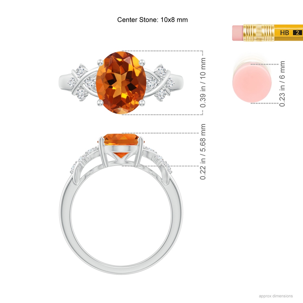 10x8mm AAAA Solitaire Oval Citrine Criss Cross Ring with Diamonds in P950 Platinum Ruler