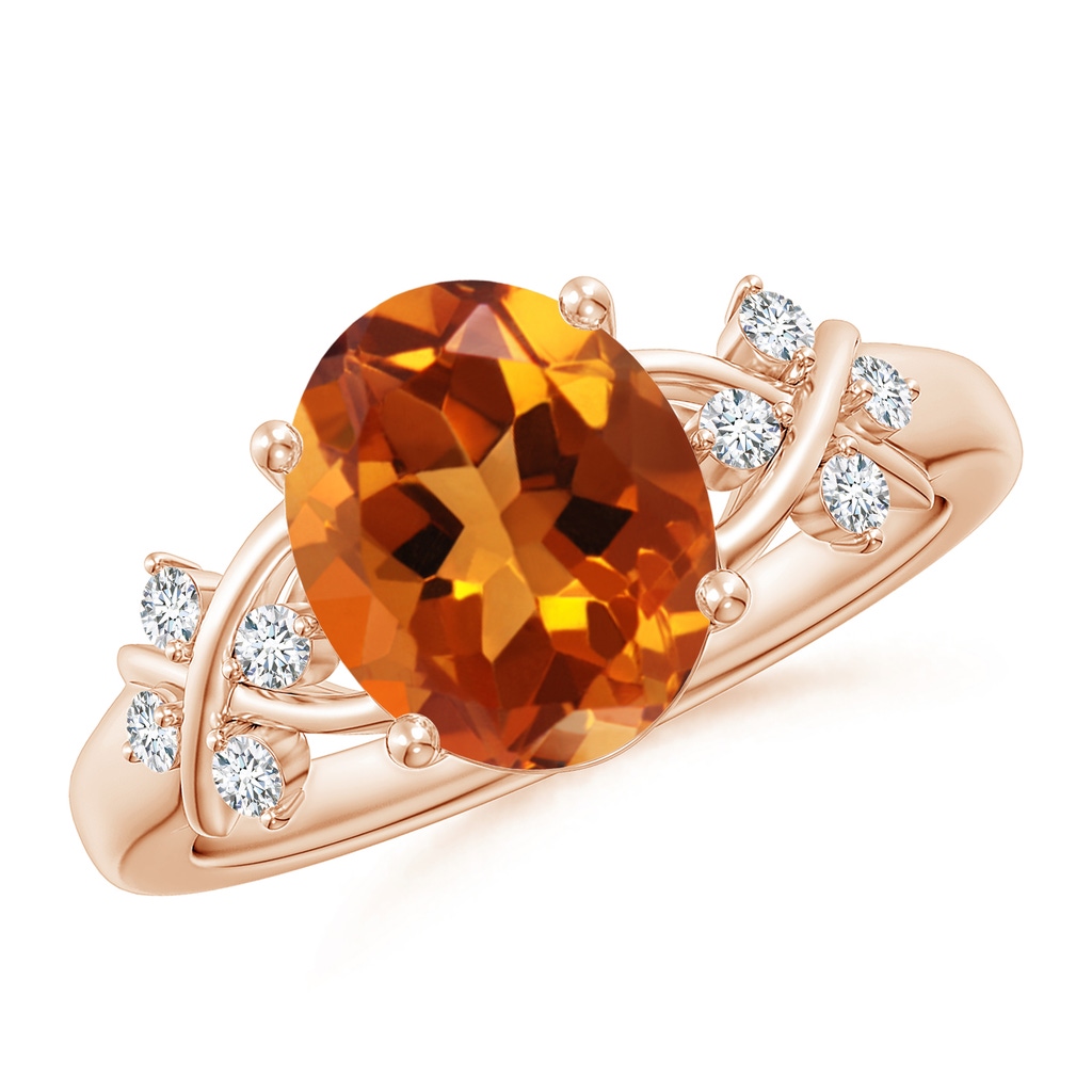 10x8mm AAAA Solitaire Oval Citrine Criss Cross Ring with Diamonds in Rose Gold