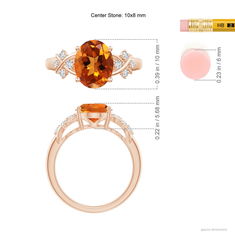10x8mm AAAA Solitaire Oval Citrine Criss Cross Ring with Diamonds in Rose Gold ruler