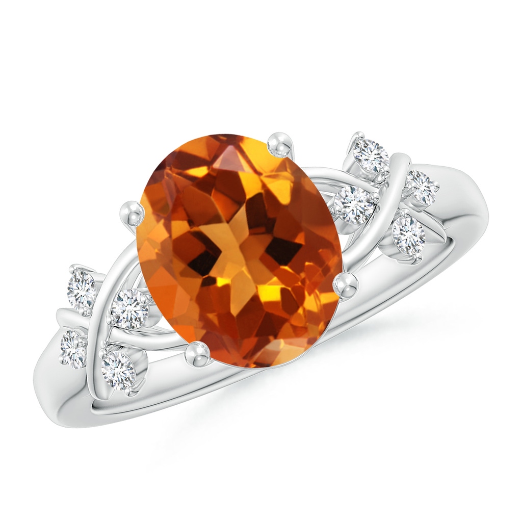 10x8mm AAAA Solitaire Oval Citrine Criss Cross Ring with Diamonds in White Gold