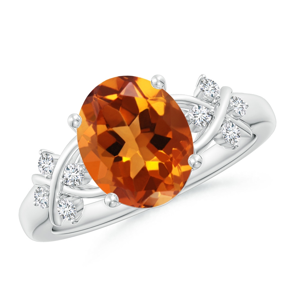 10x8mm AAAA Solitaire Oval Citrine Criss Cross Ring with Diamonds in White Gold 