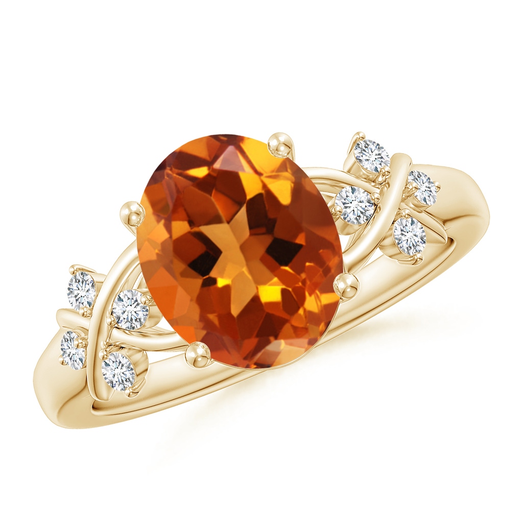 10x8mm AAAA Solitaire Oval Citrine Criss Cross Ring with Diamonds in Yellow Gold