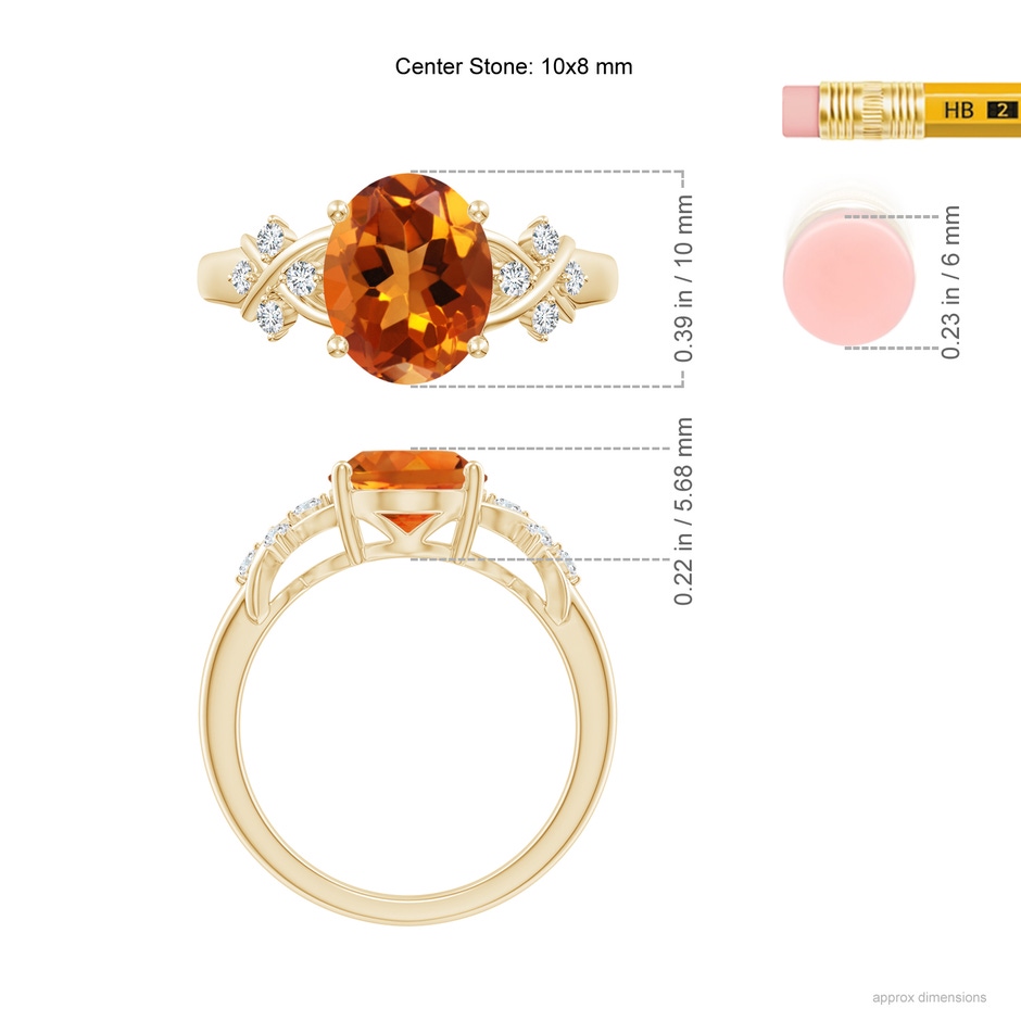 10x8mm AAAA Solitaire Oval Citrine Criss Cross Ring with Diamonds in Yellow Gold ruler