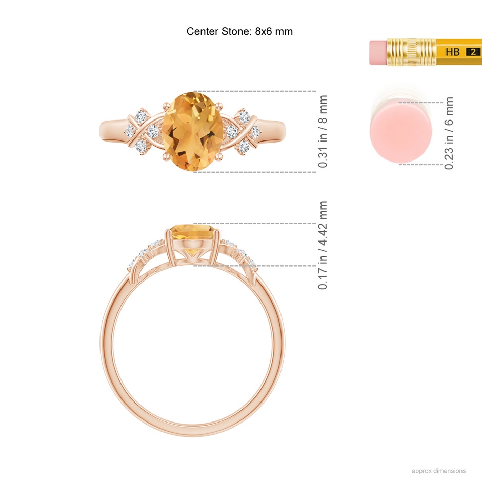 8x6mm A Solitaire Oval Citrine Criss Cross Ring with Diamonds in Rose Gold ruler