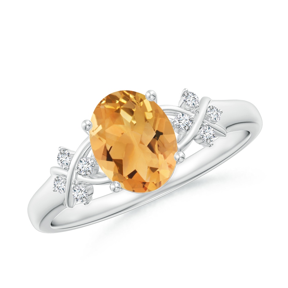 8x6mm A Solitaire Oval Citrine Criss Cross Ring with Diamonds in White Gold 