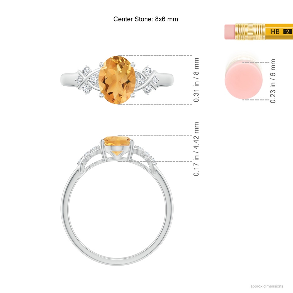 8x6mm A Solitaire Oval Citrine Criss Cross Ring with Diamonds in White Gold ruler