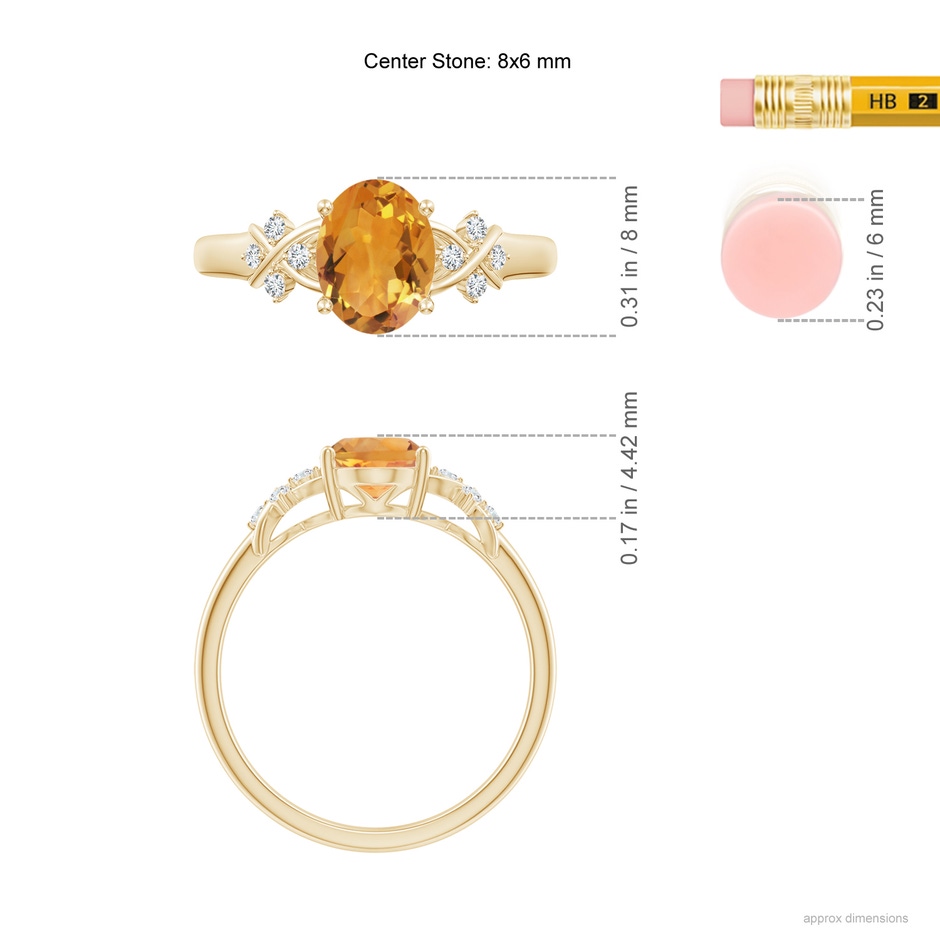 8x6mm AA Solitaire Oval Citrine Criss Cross Ring with Diamonds in Yellow Gold ruler