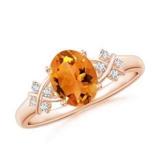 8x6mm AAA Solitaire Oval Citrine Criss Cross Ring with Diamonds in Rose Gold
