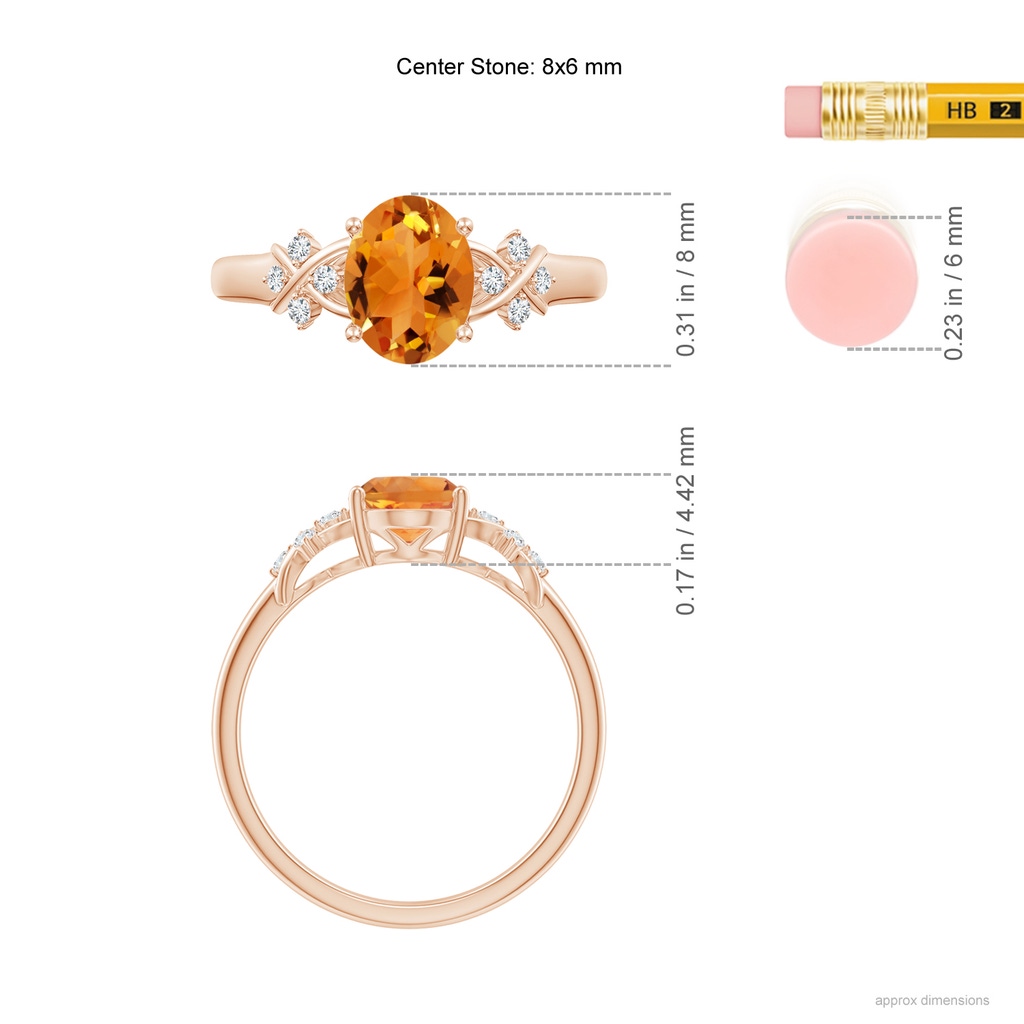 8x6mm AAA Solitaire Oval Citrine Criss Cross Ring with Diamonds in Rose Gold Ruler