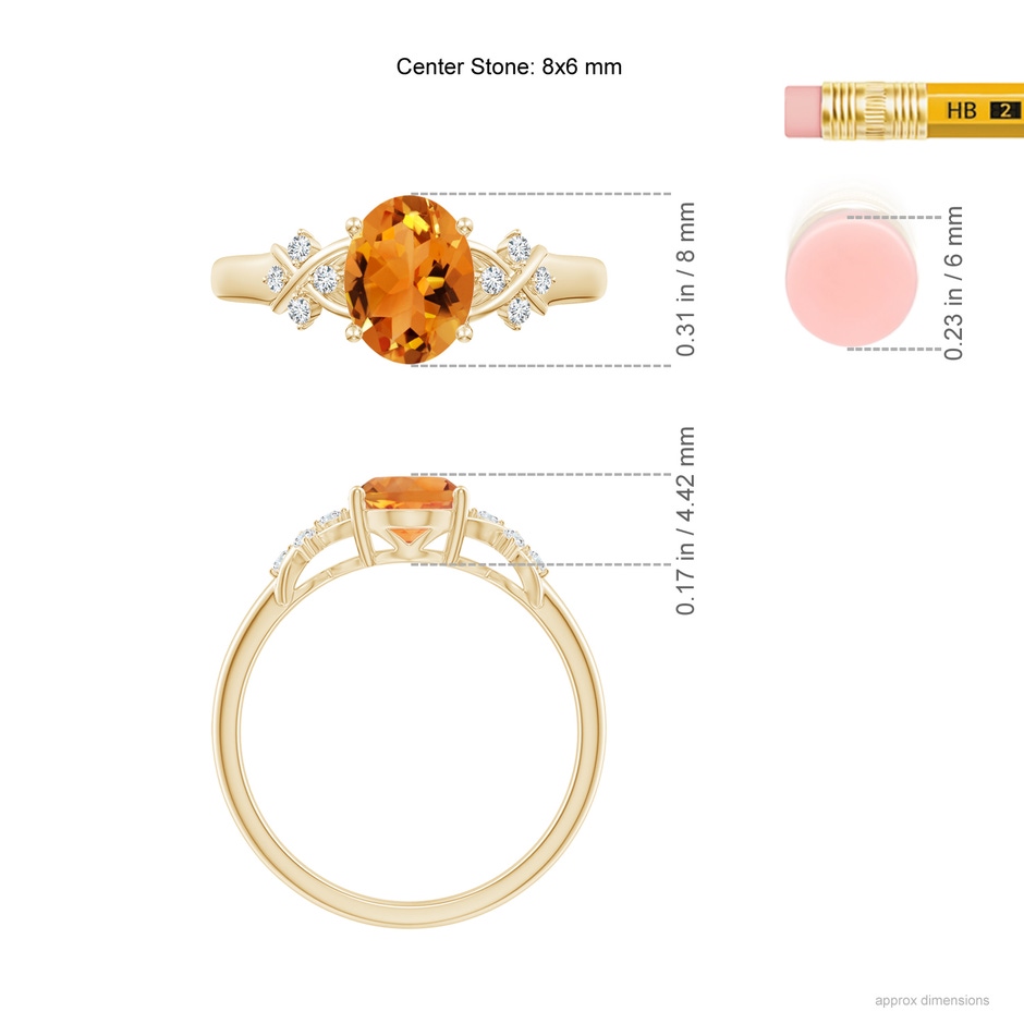 8x6mm AAA Solitaire Oval Citrine Criss Cross Ring with Diamonds in Yellow Gold ruler