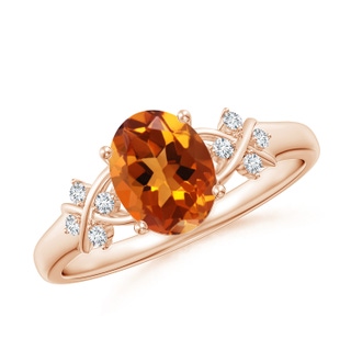 8x6mm AAAA Solitaire Oval Citrine Criss Cross Ring with Diamonds in Rose Gold