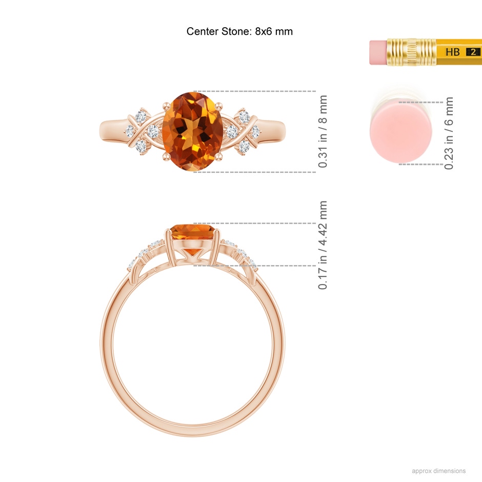 8x6mm AAAA Solitaire Oval Citrine Criss Cross Ring with Diamonds in Rose Gold ruler