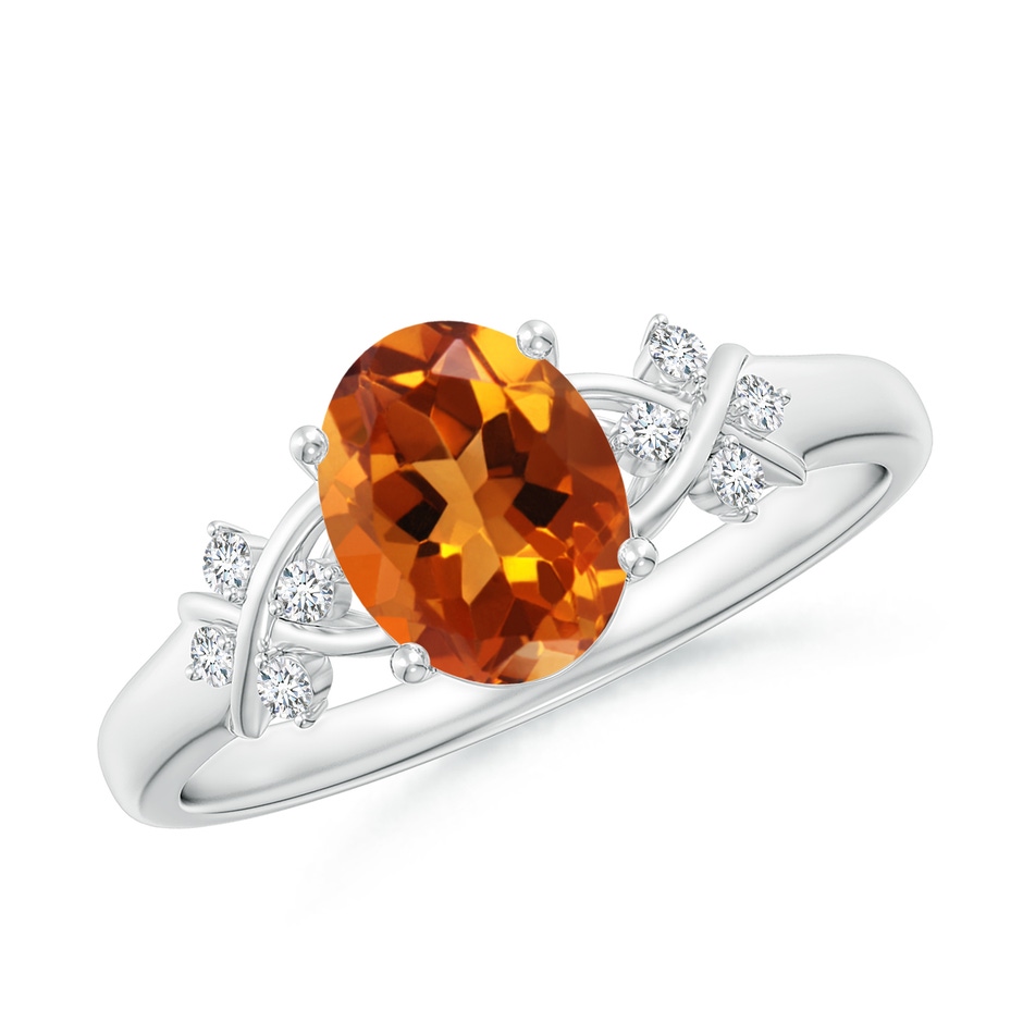 8x6mm AAAA Solitaire Oval Citrine Criss Cross Ring with Diamonds in White Gold 