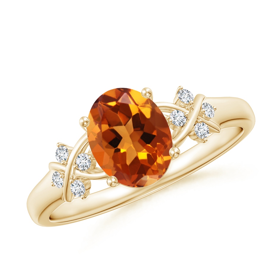 8x6mm AAAA Solitaire Oval Citrine Criss Cross Ring with Diamonds in Yellow Gold 