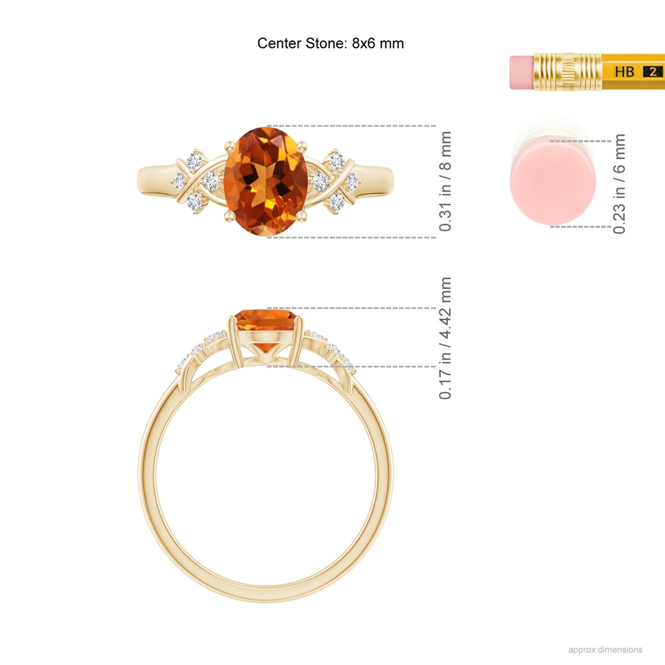 8x6mm AAAA Solitaire Oval Citrine Criss Cross Ring with Diamonds in Yellow Gold ruler