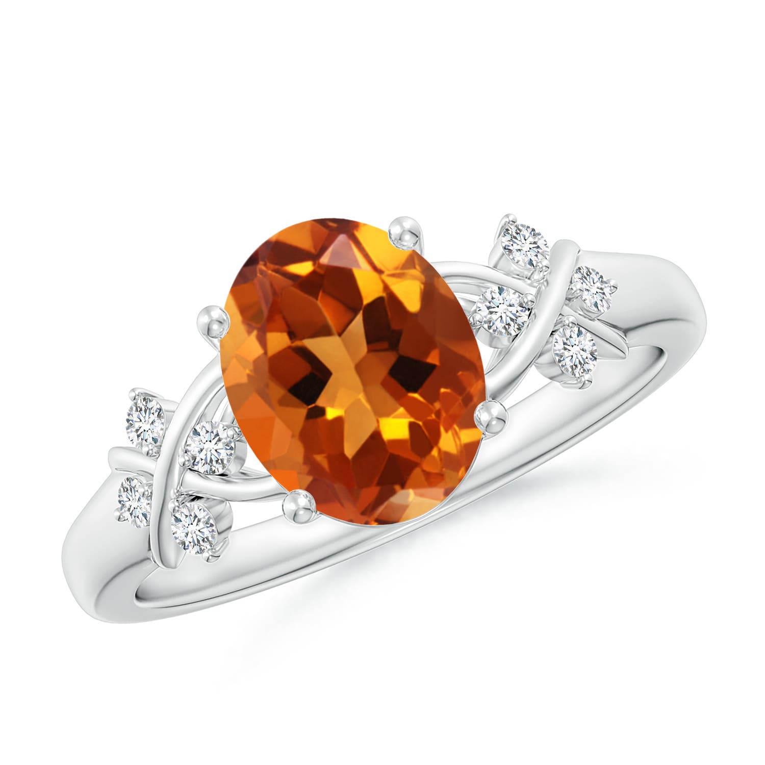 9x7mm AAAA Solitaire Oval Citrine Criss Cross Ring with Diamonds in P950 Platinum
