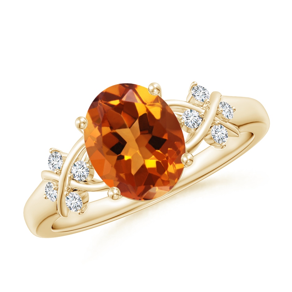9x7mm AAAA Solitaire Oval Citrine Criss Cross Ring with Diamonds in Yellow Gold 