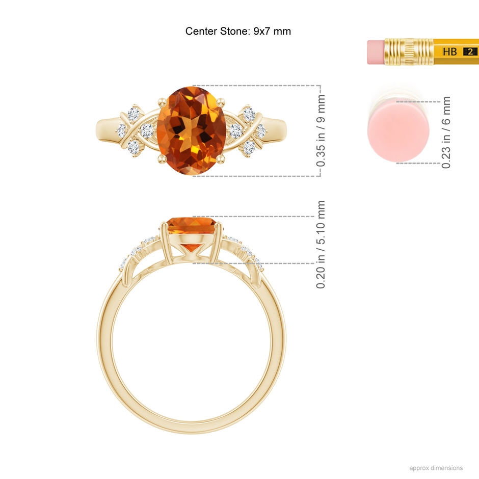 9x7mm AAAA Solitaire Oval Citrine Criss Cross Ring with Diamonds in Yellow Gold ruler