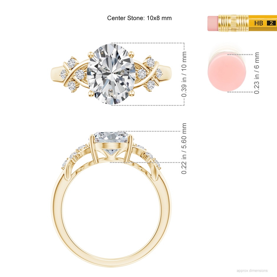 10x8mm HSI2 Solitaire Oval Diamond Criss Cross Ring with Diamonds in Yellow Gold ruler