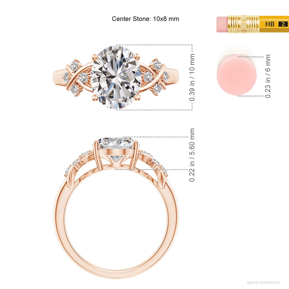 10x8mm IJI1I2 Solitaire Oval Diamond Criss Cross Ring with Diamonds in Rose Gold ruler