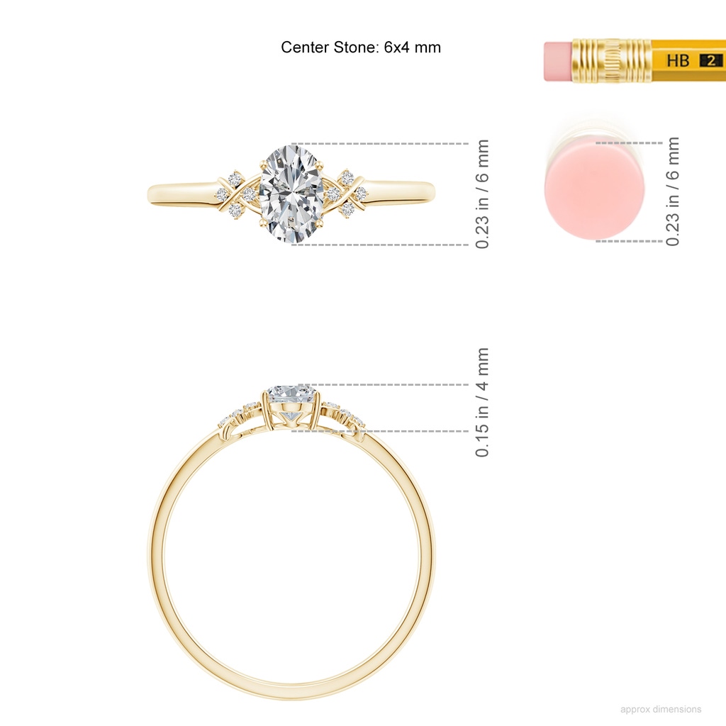 6x4mm HSI2 Solitaire Oval Diamond Criss Cross Ring with Diamonds in Yellow Gold ruler