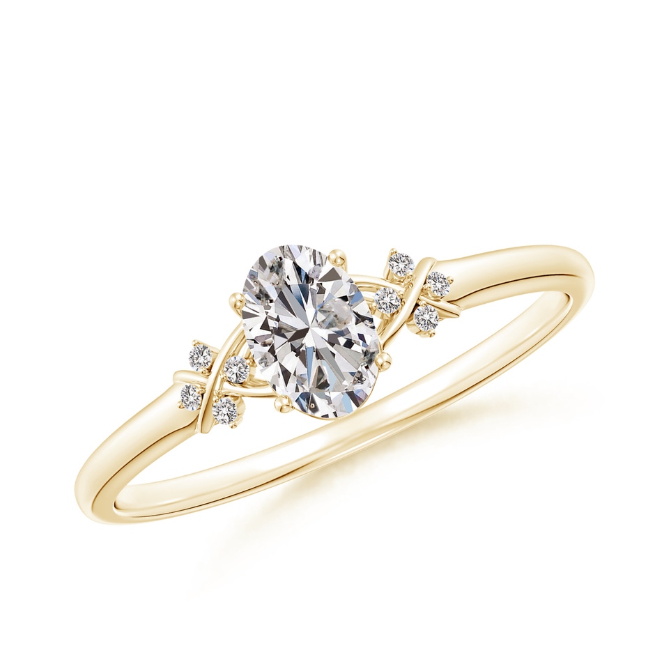 6x4mm IJI1I2 Solitaire Oval Diamond Criss Cross Ring with Diamonds in Yellow Gold 