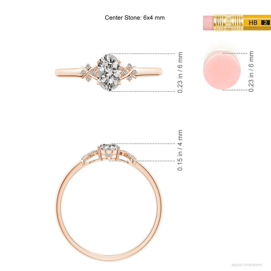 6x4mm KI3 Solitaire Oval Diamond Criss Cross Ring with Diamonds in Rose Gold ruler