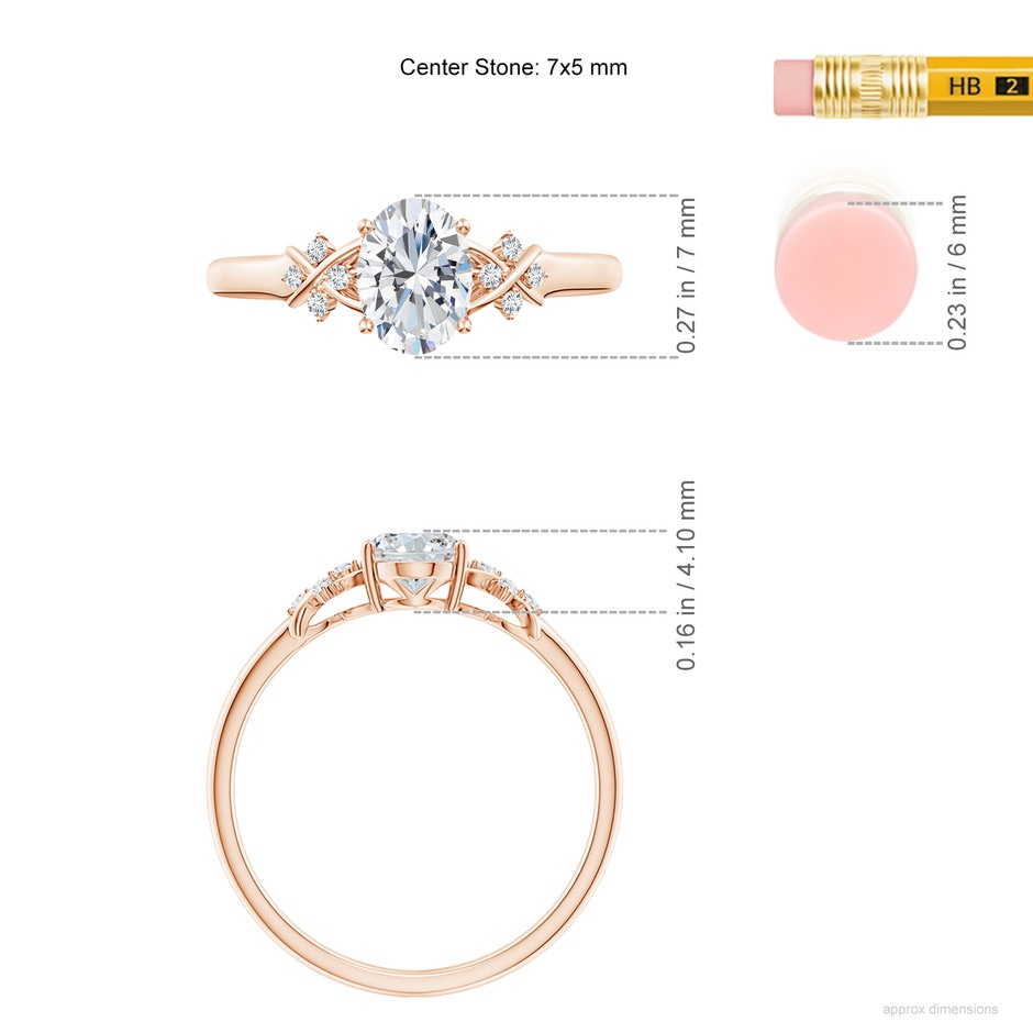 7x5mm GVS2 Solitaire Oval Diamond Criss Cross Ring with Diamonds in Rose Gold ruler