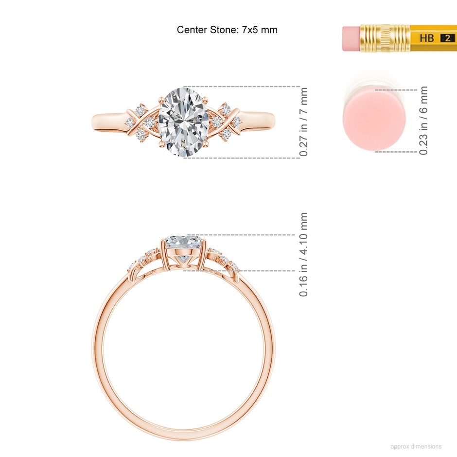 7x5mm HSI2 Solitaire Oval Diamond Criss Cross Ring with Diamonds in Rose Gold ruler