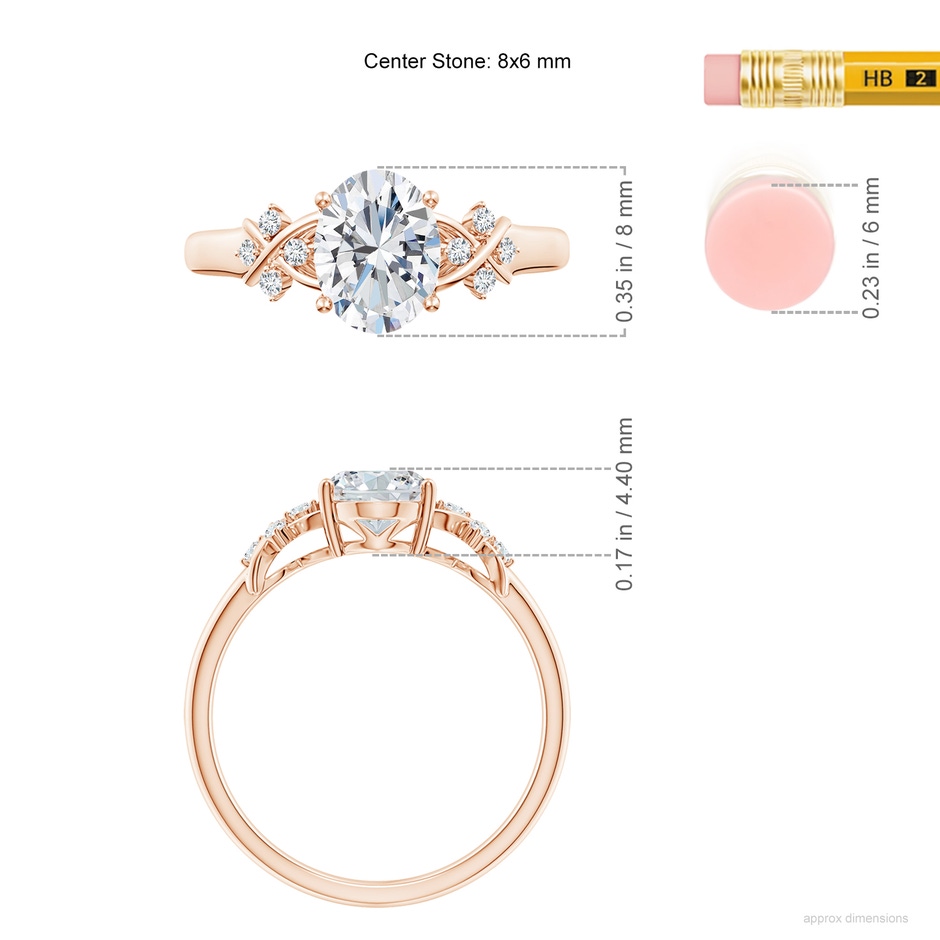 8x6mm GVS2 Solitaire Oval Diamond Criss Cross Ring with Diamonds in Rose Gold ruler