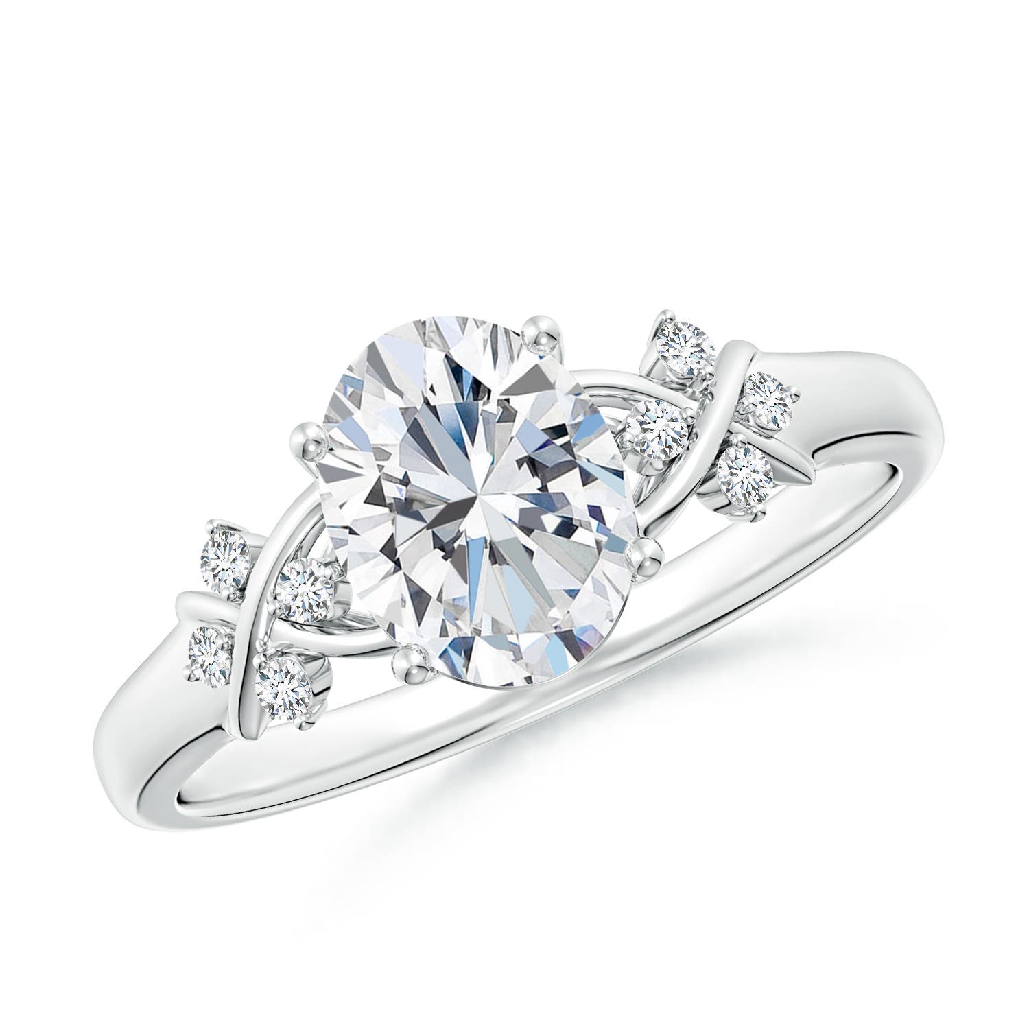 8x6mm GVS2 Solitaire Oval Diamond Criss Cross Ring with Diamonds in White Gold