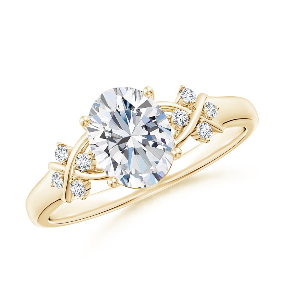 8x6mm GVS2 Solitaire Oval Diamond Criss Cross Ring with Diamonds in Yellow Gold 