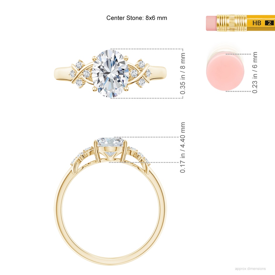 8x6mm GVS2 Solitaire Oval Diamond Criss Cross Ring with Diamonds in Yellow Gold ruler
