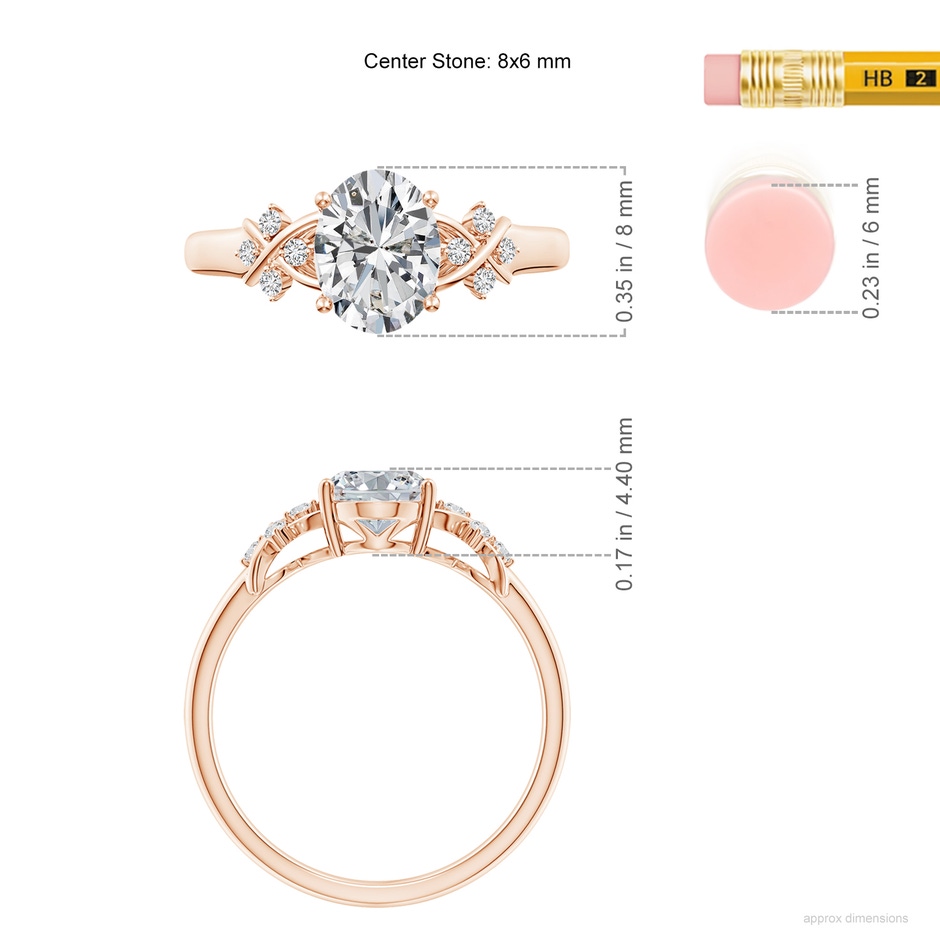 8x6mm HSI2 Solitaire Oval Diamond Criss Cross Ring with Diamonds in Rose Gold ruler