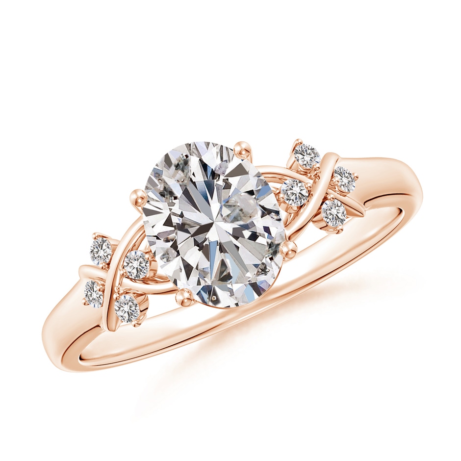 8x6mm IJI1I2 Solitaire Oval Diamond Criss Cross Ring with Diamonds in Rose Gold 