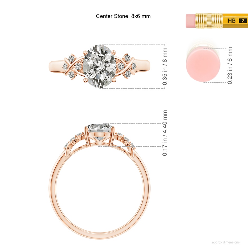 8x6mm KI3 Solitaire Oval Diamond Criss Cross Ring with Diamonds in Rose Gold ruler