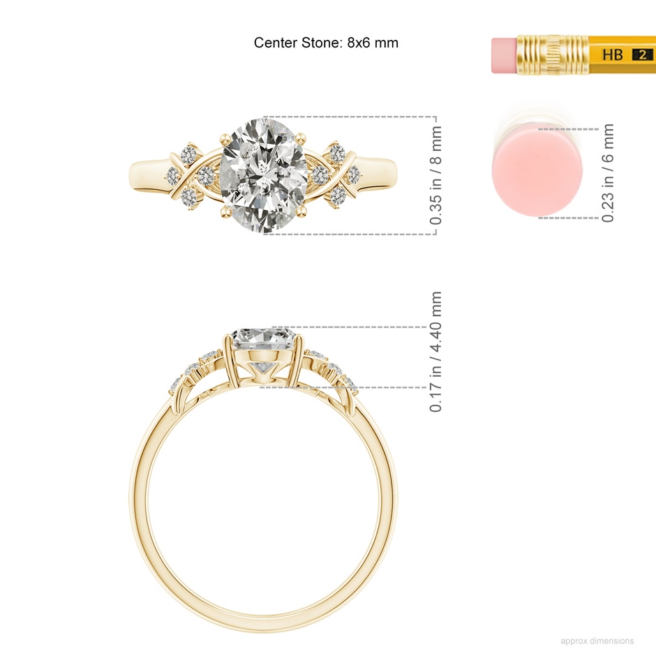 8x6mm KI3 Solitaire Oval Diamond Criss Cross Ring with Diamonds in Yellow Gold ruler
